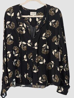 NWT Joie Zosia Blouse Floral Black Ivory Button Front Size L Parisian Workwear